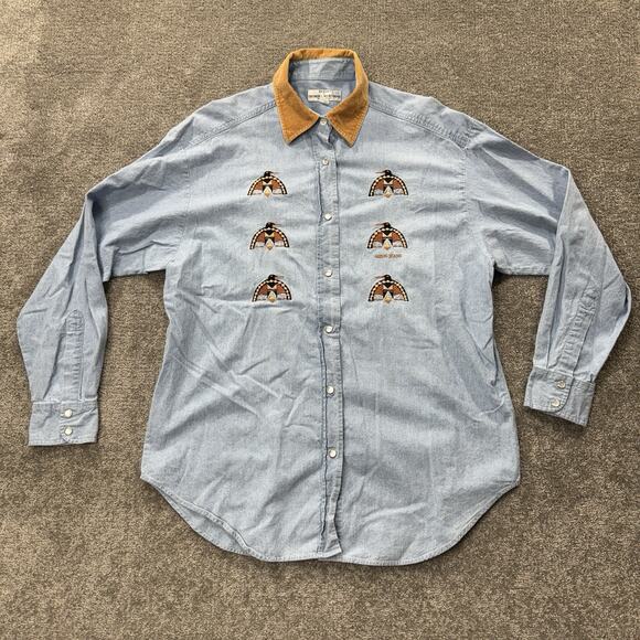 VTG Guess by Georges Marciano Chambray Denim Shirt Corduroy Collar Embroidered - Picture 2 of 8